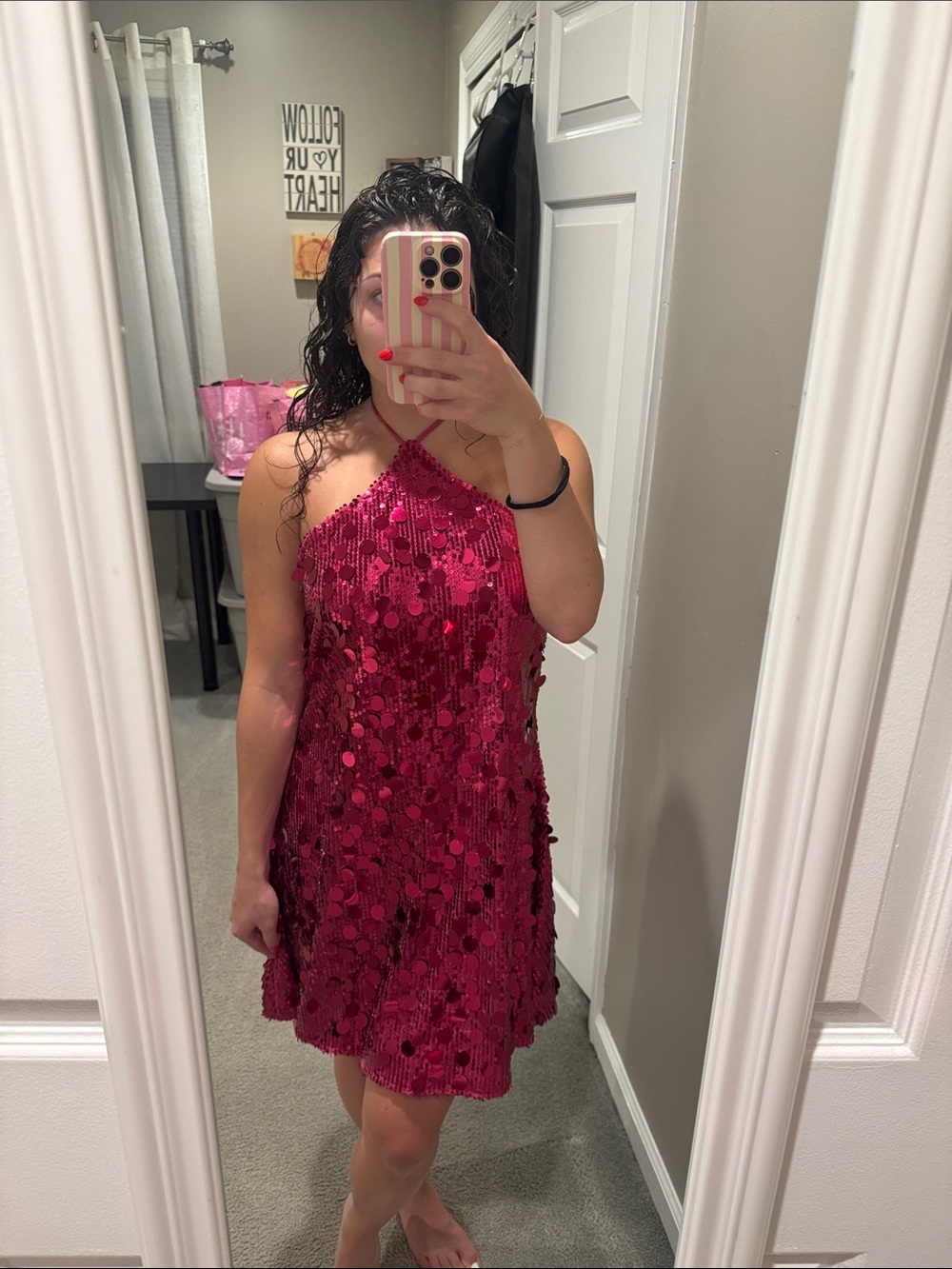 Girls' Sequin Halter Dress in Fuchsia Pink